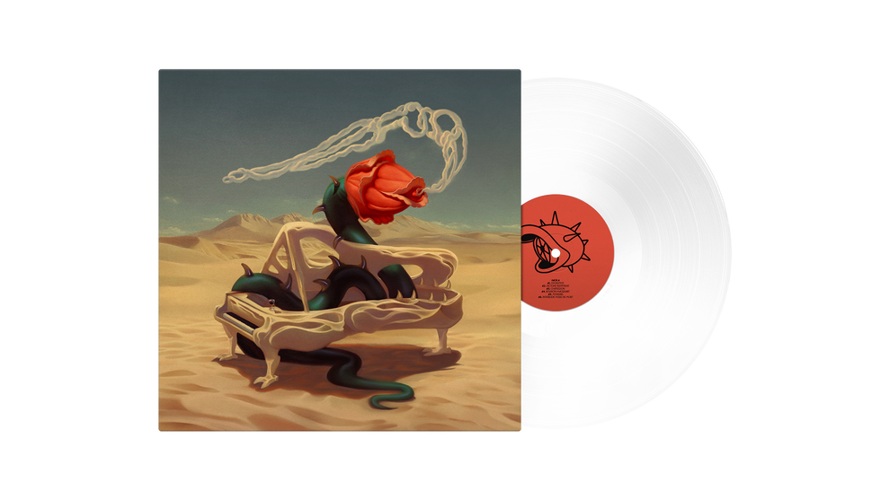 Vinyle blanc « cognacs & cigarettes » de Jungle Jack x Jean Jass, pochette illustrée d'un piano dans le désert avec une rose